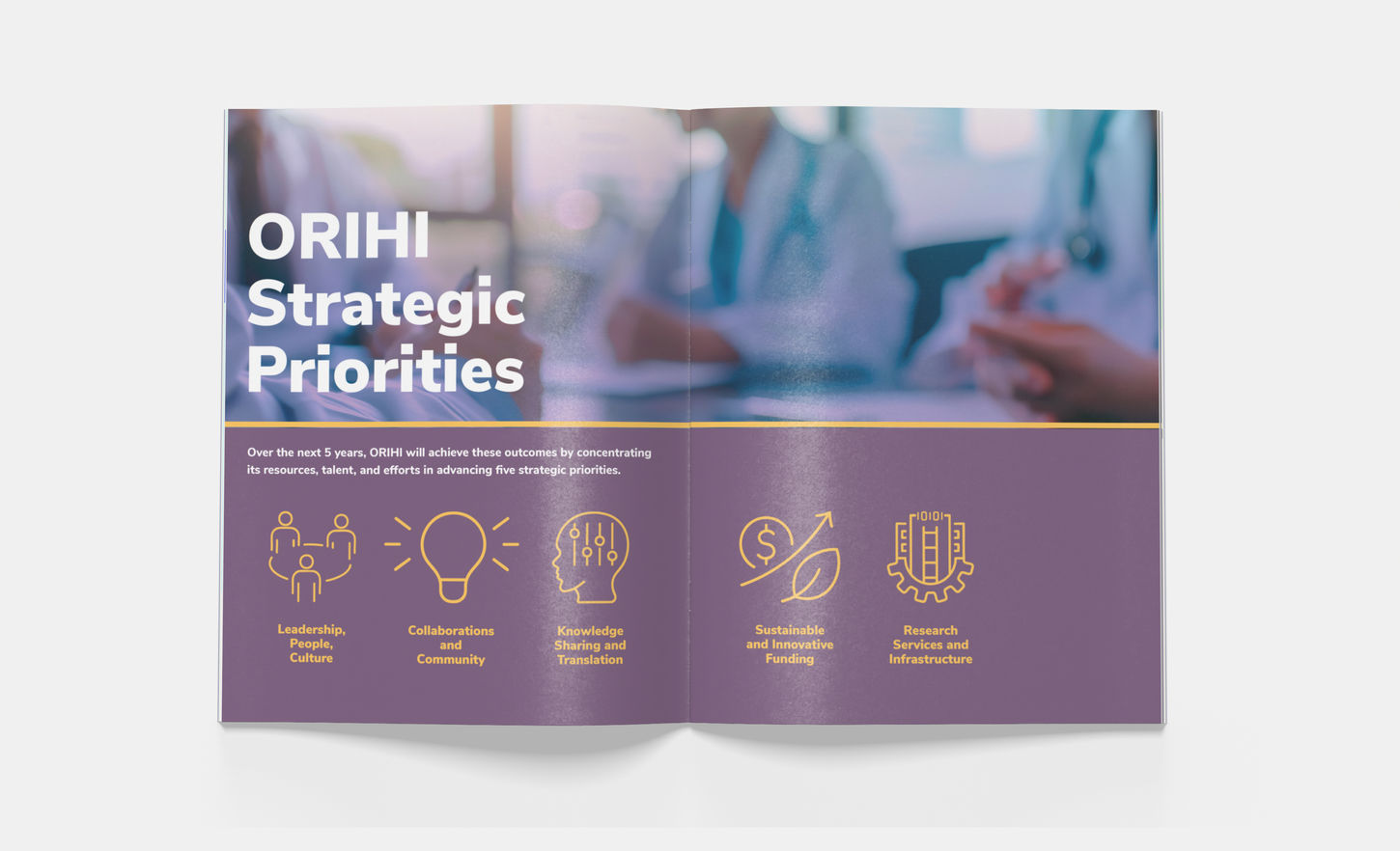Graphic design of the William Osler Institute Strategic Plan. A minimalist design showcasing clean typography and healthcare-themed icon graphics and on-brand color blocking.