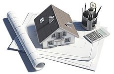 Image of house, plans, calculator and writing utensils