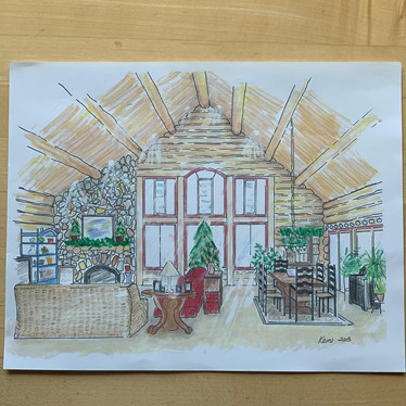 log home holidays, hand drawings, hand renderings, interior designer, home furnishings, Christmas decor