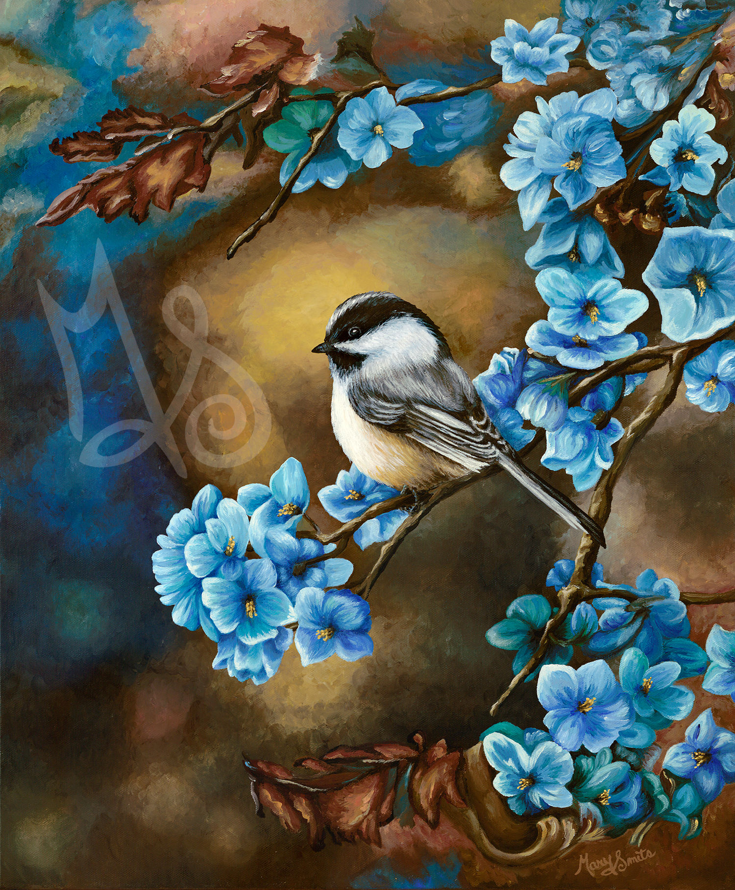Chickadee in a Blue Flowering Tree Stretched Canvas Giclee Print