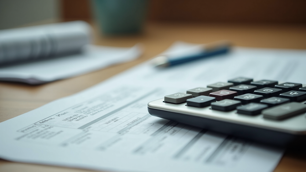 Eye-level view of a calculator and tax documents on a wooden desk