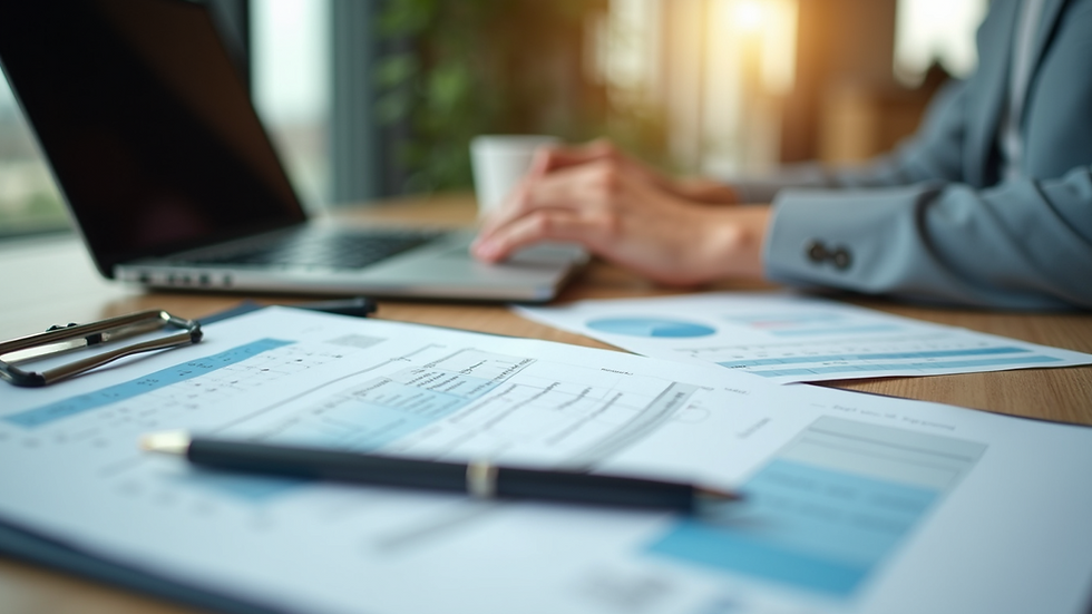 Eye-level view of a neat desk with a laptop and financial documents