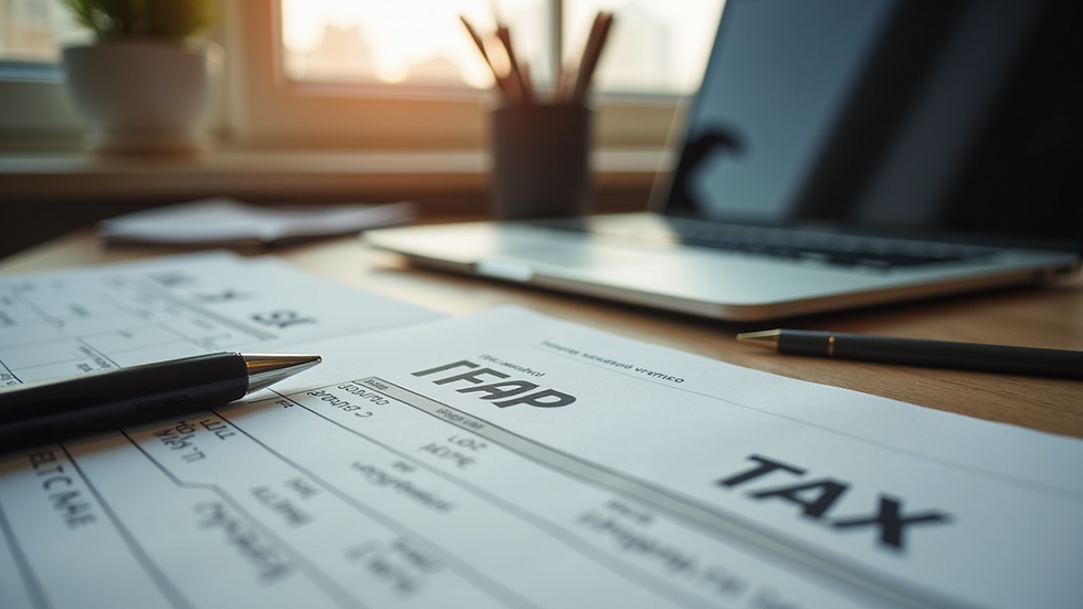 Eye-level view of a freelancer’s desk with a laptop and tax documents