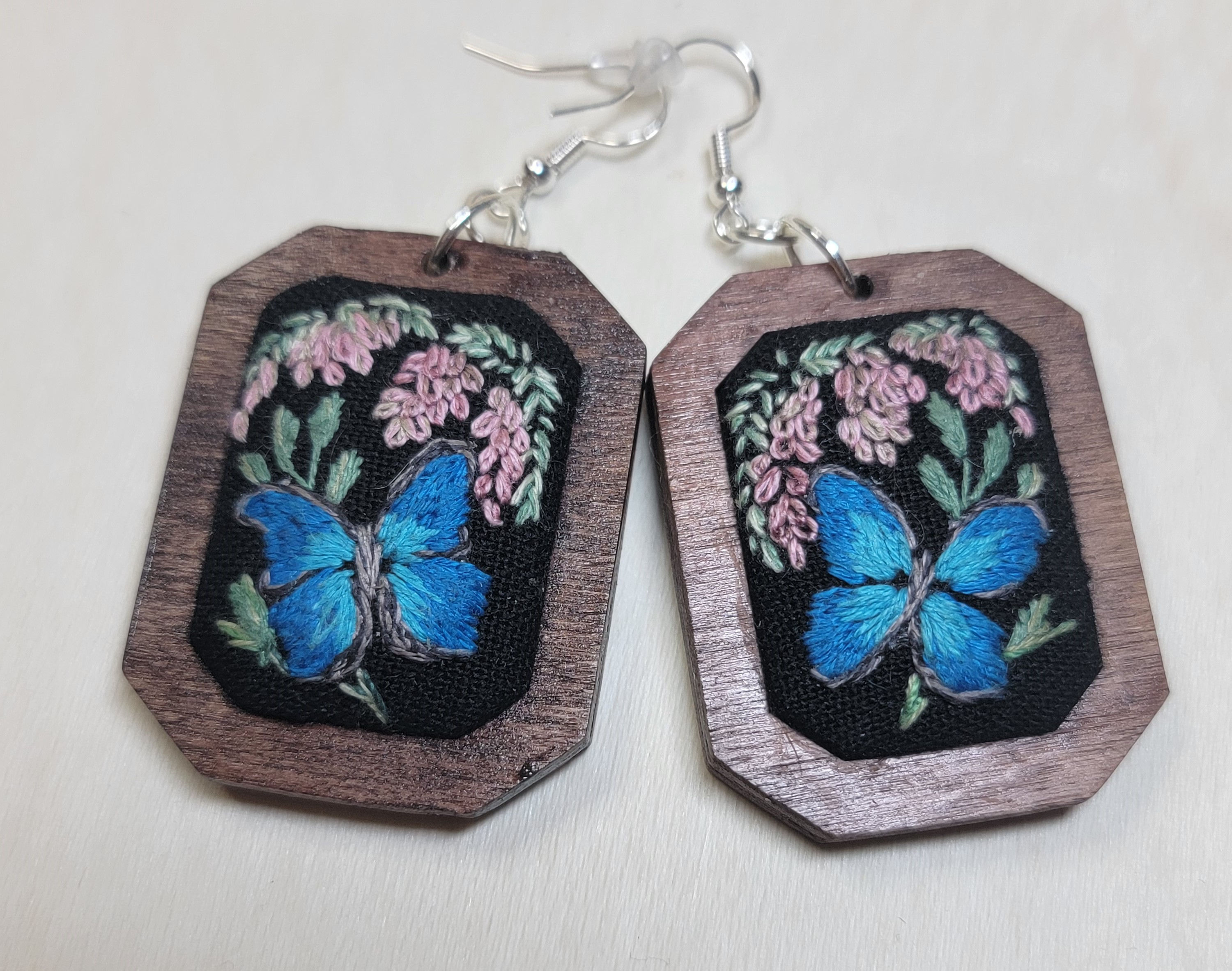 Blue Morpho - One-of-a-kind - Hand Embroidered Earrings