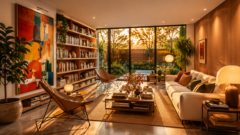 Mid Century Modern living room during golden hour, wood walls, bookcases, comfortable seating and couches