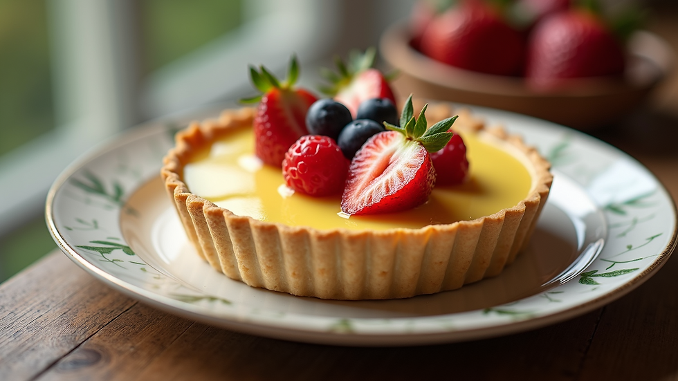 High angle view of a vanilla custard tart garnished with fresh fruit