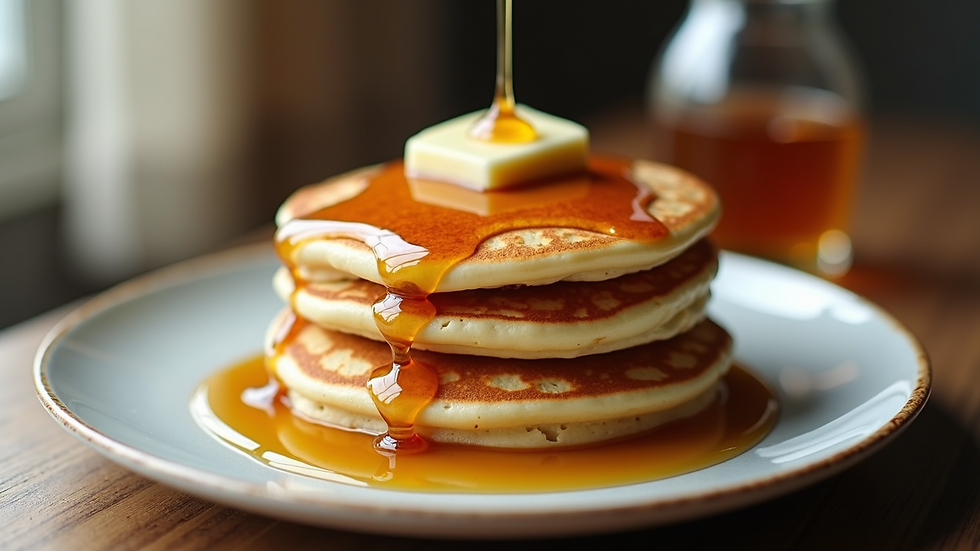 High angle view of a stack of pancakes drizzled with syrup
