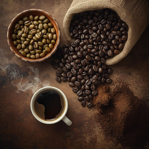Artistic flat lay of three coffee varieties_ raw green beans in a rustic bowl, glossy roas