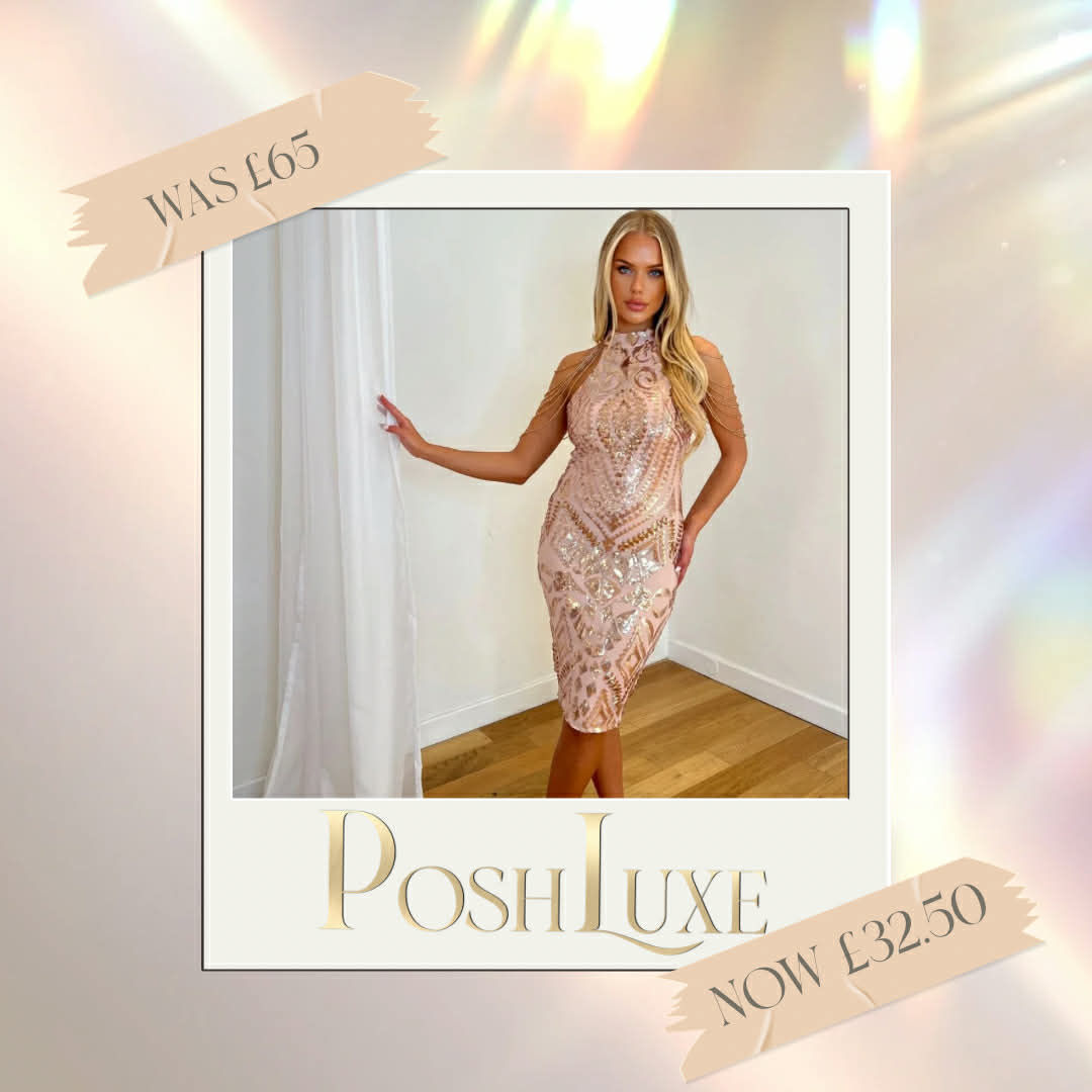 Mystery Rose Gold High Neck Luxe Sequin Midi