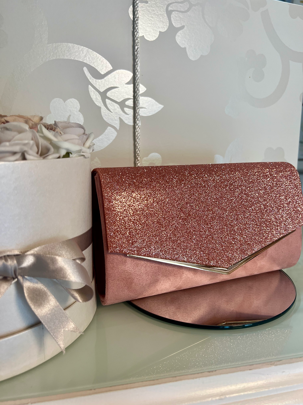 Thumbnail: Blush glitter and suede clutch bag