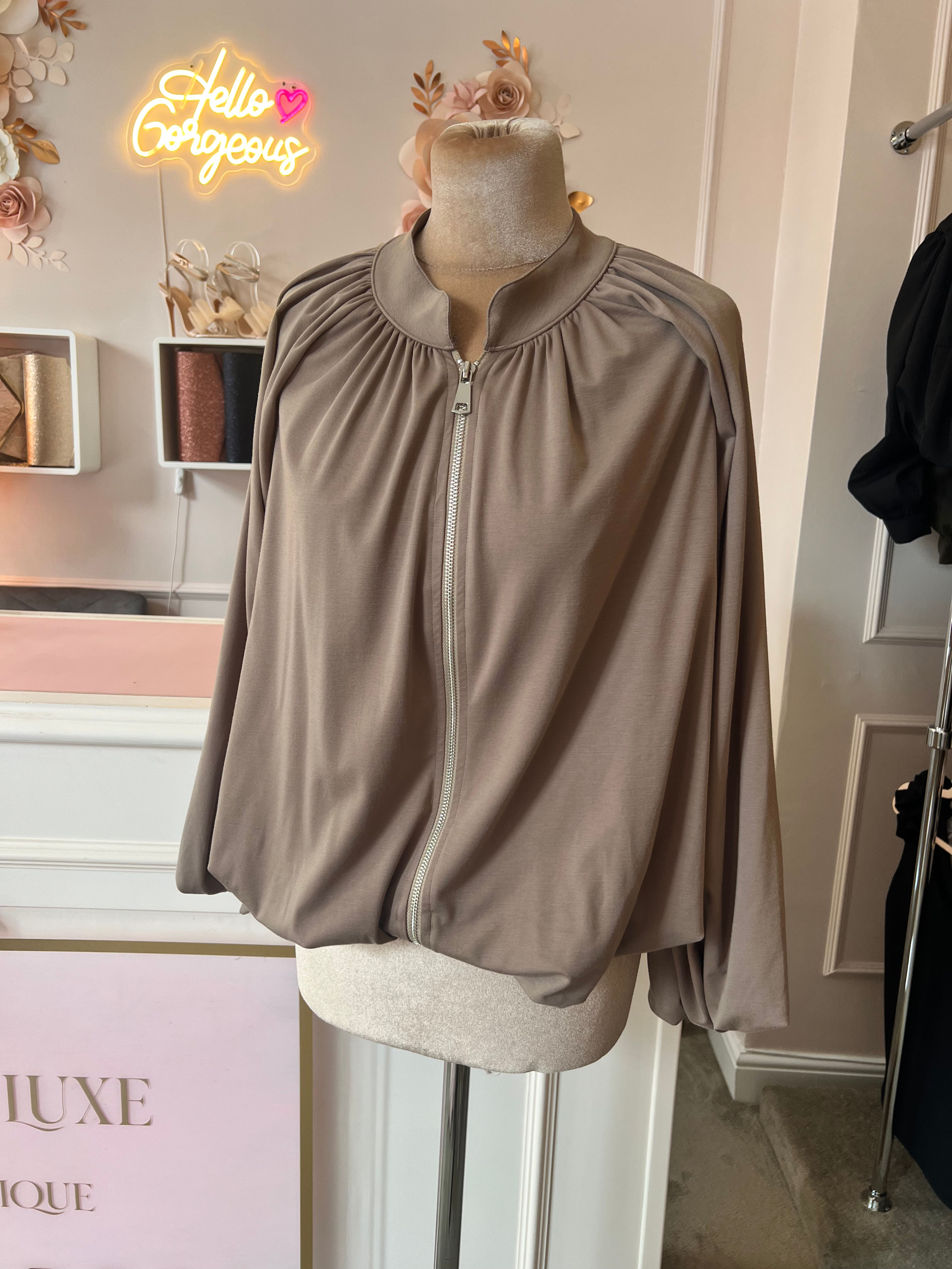 Taupe bomber jacket with elasticated waist