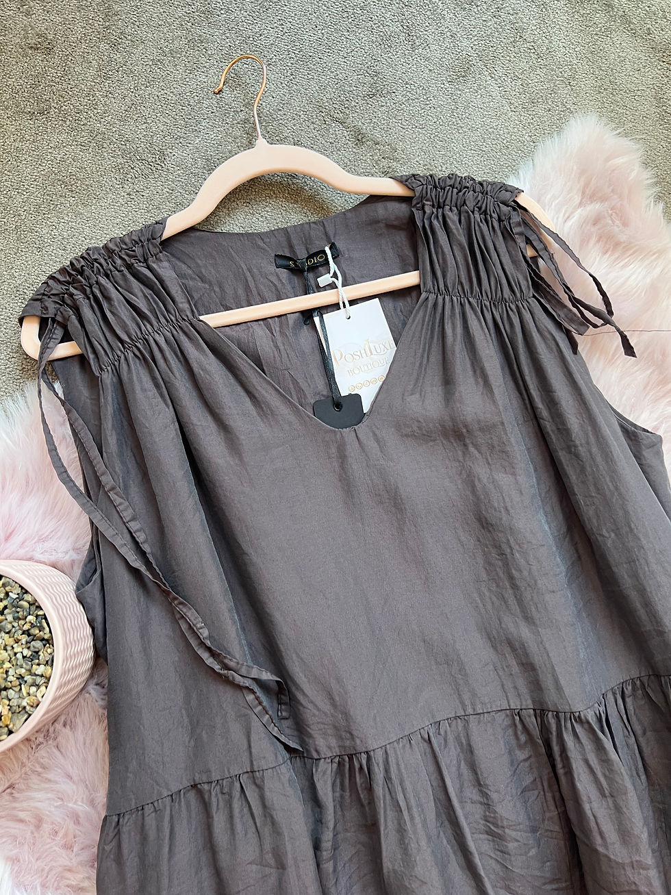 Thumbnail: Tiered dress in chocolate with tie detail shoulders 