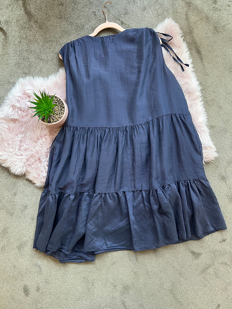 Thumbnail: Tiered dress in navy with tie detail shoulders 