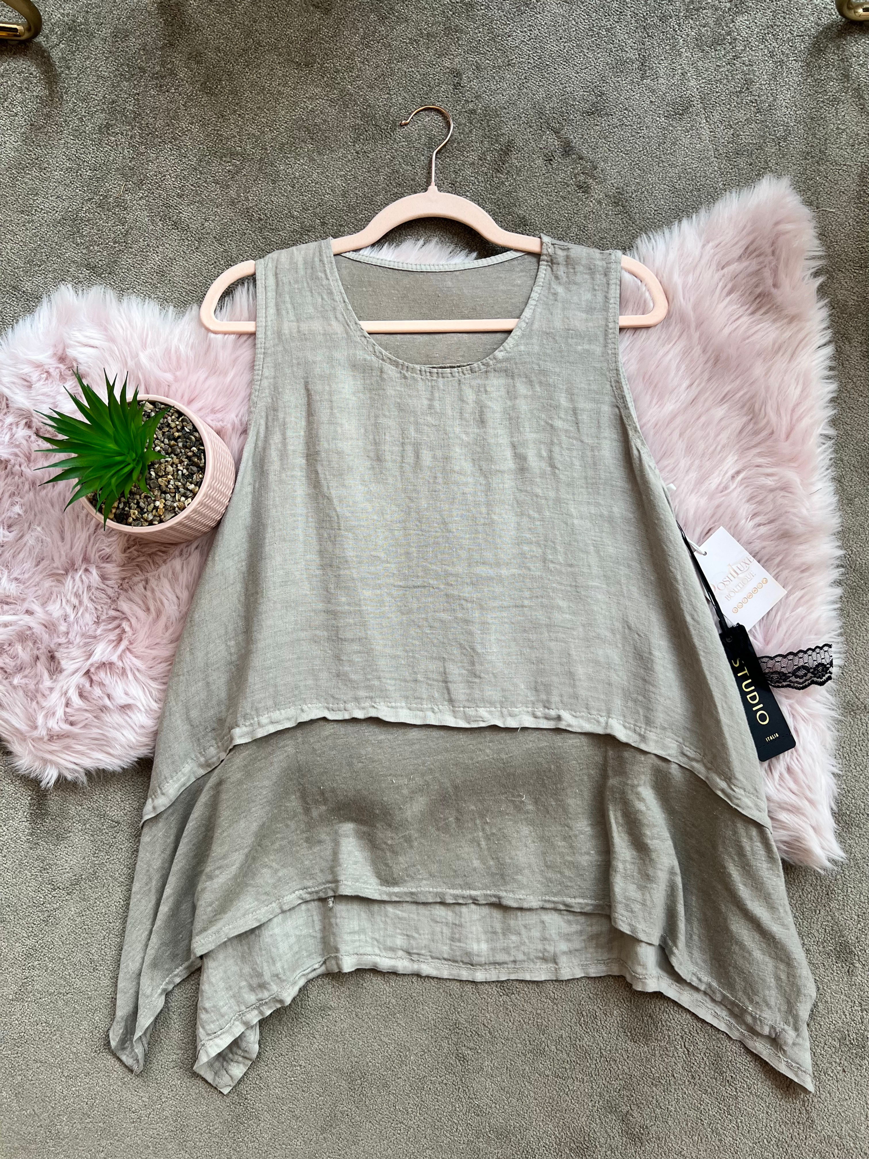 Double hem linen top in khaki 