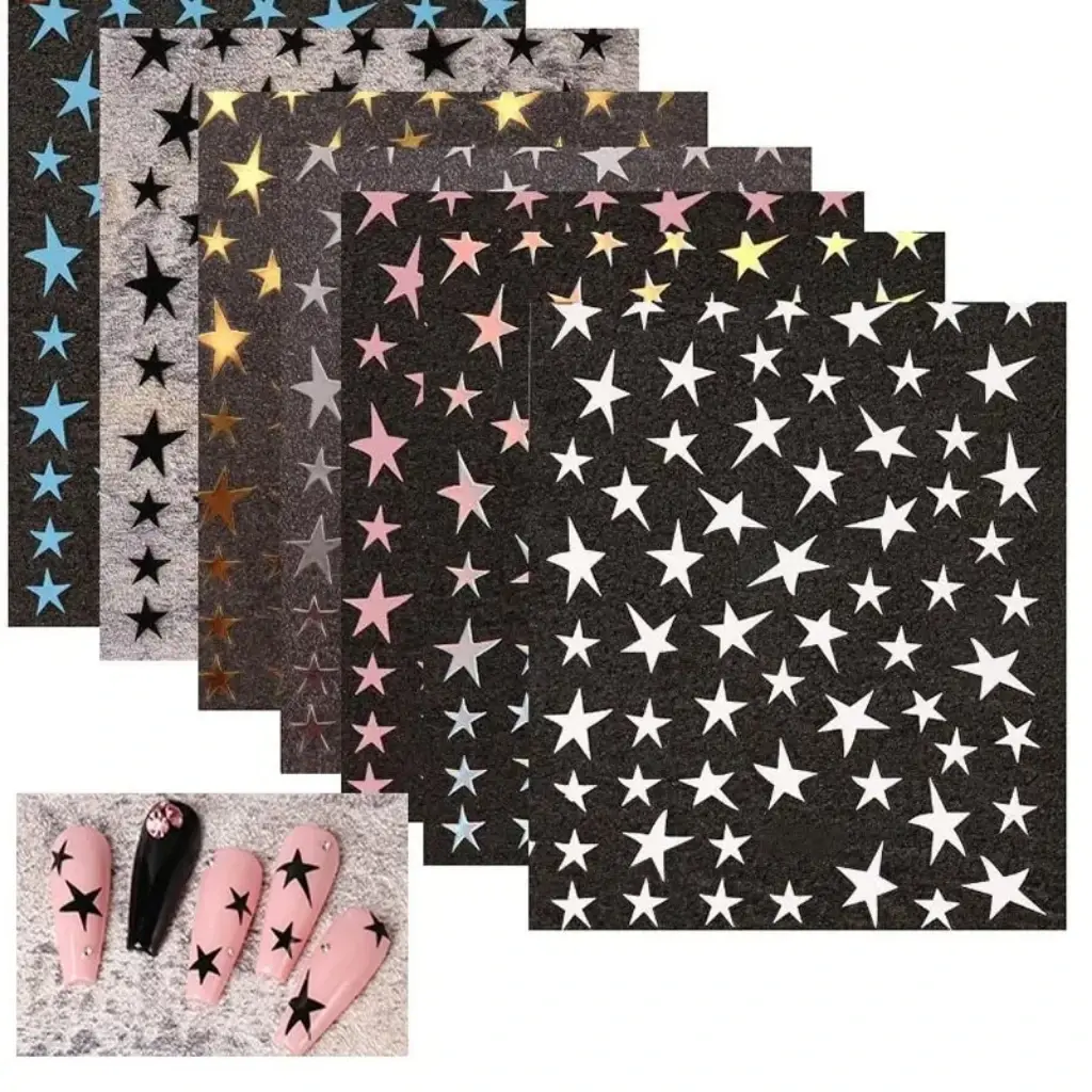 Mix 7 Colourful Stars Nails Stickers Irregular Pentagram Decals Laser Shiny Deco