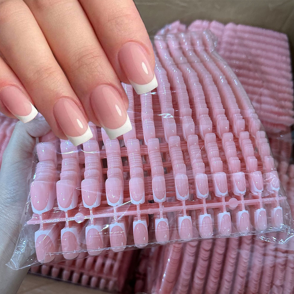 120Pcs Short Square Coffin French Fake Nails Glossy Pink  Full Cover Wearable Pr