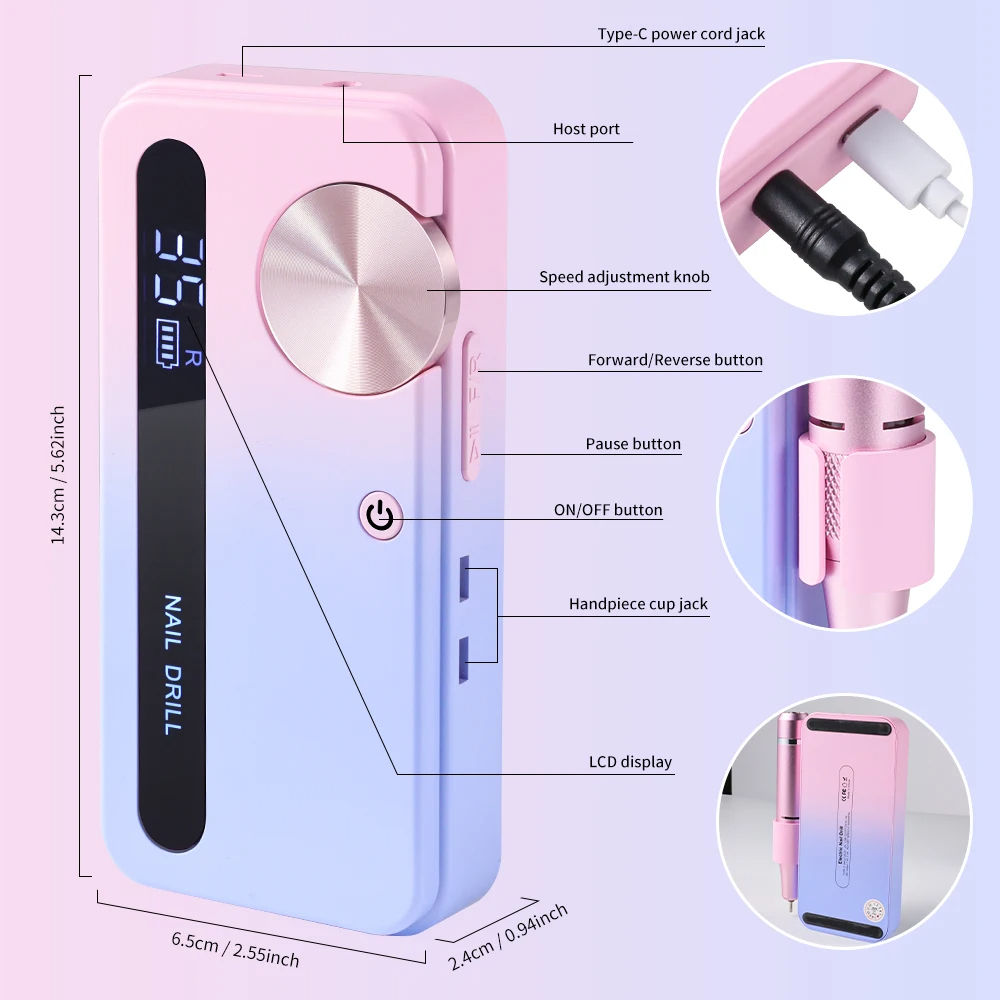 35000RPM Electric Nail Polisher - Professional Gel Nails Care, Rechargeable Port