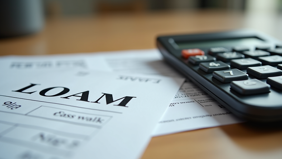 Eye-level view of a calculator and loan documents on a wooden desk