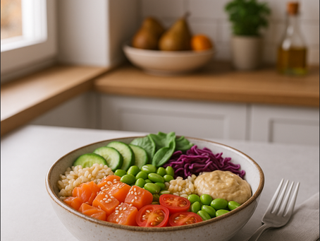 Poke bowl on the kitchen counter