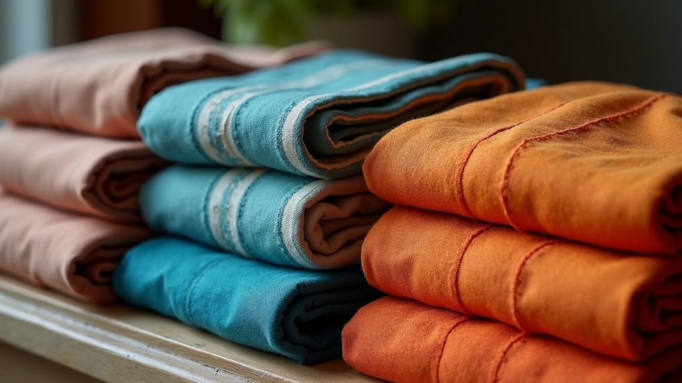 Close-up view of folded cotton kurtas in vibrant colors