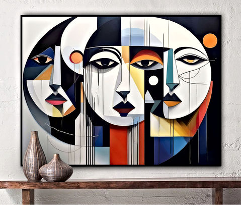 A colorful painting depicting three unique faces, each rendered in varying hues, highlighting the theme of diversity in art.