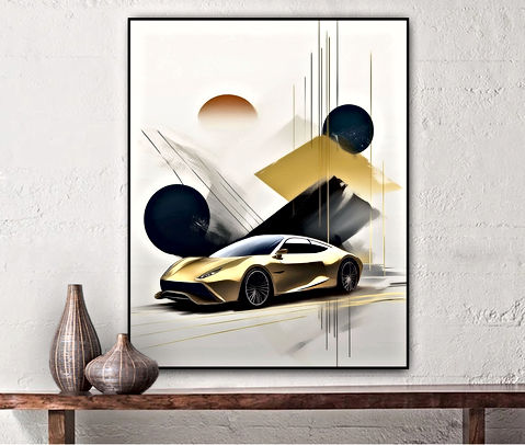 The image shows a stylized representation of a golden sports car, possibly conceptual or futuristic in design, with exaggerated features such as sharp angles and sleek lines. The car is depicted in motion with speed lines trailing behind it. The background consists of abstract geometric shapes including circles and rectangles in muted colors, adding to the dynamic and modern feel of the artwork.