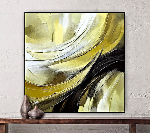 The image displays an abstract painting with swirling patterns of yellow, white, and black colors. The dynamic brushstrokes create a sense of movement, making the artwork visually interesting.