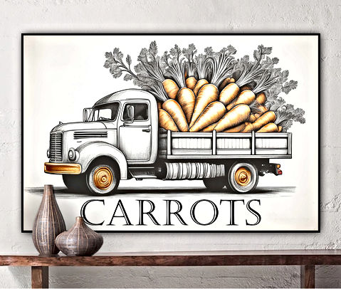 This vintage-style illustration showcases a classic farm truck loaded with an abundant harvest of carrots. The artwork is drawn with intricate black ink lines, giving it a rustic and timeless feel, while the carrots and truck details are highlighted in warm golden-orange hues. The leafy tops of the carrots extend beyond the truck bed, creating an organic and abundant aesthetic. The word "CARROTS" is prominently displayed at the bottom, reinforcing the agricultural theme. The image conveys a nostalgic sense of farm life, fresh produce, and country charm.