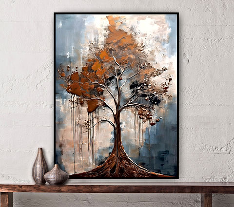 The image depicts an abstract painting of a tree with intricate, textured details. The tree's branches and trunk are rendered in shades of brown and bronze, with some of the branches appearing to fade or blend into the background. The leaves, or what appears to represent them, are also textured and appear to be smeared or dripping, creating a sense of movement. The background is a mix of muted blues and grays with soft gradients, giving the piece a dreamy, atmospheric quality. The overall composition feels organic and dynamic, with a balance between the tree's structure and the abstract elements surrounding it.