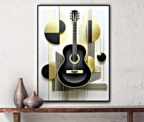 The image shows a black acoustic guitar with gold and white details, set against a background of abstract geometric shapes in black, gold, and white. The design is modern and artistic, combining musical and graphic elements.