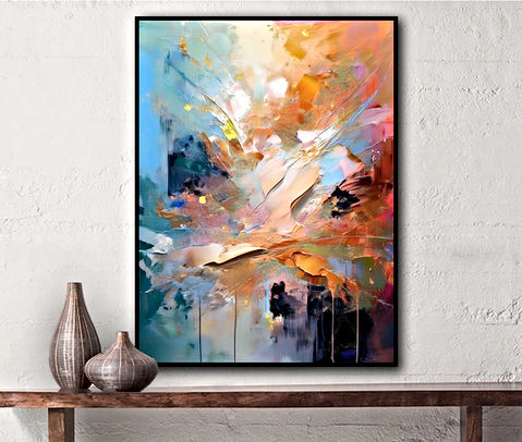 The image is an abstract painting featuring a mix of warm colors like orange and yellow, with some cool tones like blue. It has a free-form style with no distinct shapes, encouraging personal interpretation.