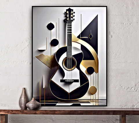 This image showcases a stylized, geometric depiction of a guitar, blending modern and abstract elements. The guitar is rendered in a sleek black and white color scheme with accents of gold, set against a minimalist background. The design incorporates sharp lines, circular shapes, and angular patterns, creating a sophisticated and artistic composition that merges musical and architectural aesthetics.