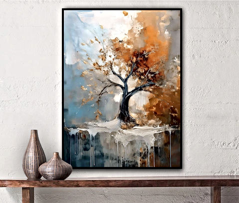 Detailed tree with bronze textures, blurred branches, and a muted blue-gray backdrop with white accent, giving the piece a soft, dynamic quality.