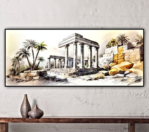 Classical architectural ruins, characterized by a series of Doric columns and a partially intact pediment. The structure is nestled in a desert oasis, with palm trees providing a touch of green amidst the arid environment. The artwork has a sketch-like quality, with soft shading and delicate lines.