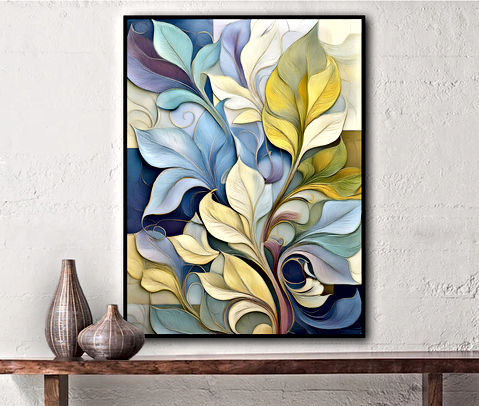The image shows a colorful abstract painting of various flowers in different shades and sizes. Prominent white flowers with multiple petals are surrounded by splashes of yellow, purple, and brown hues. The dynamic brush strokes and vibrant colors create an energetic and lively feel.