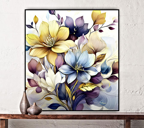 This image showcases a beautifully detailed floral artwork with an elegant and modern aesthetic. The composition features a harmonious blend of large, blooming flowers in soft pastel hues of yellow, blue, purple, and cream, with delicate, flowing petals that give the piece a sense of movement and depth.
The intricate linework and shading within the petals and leaves add a graceful, almost ethereal touch, enhancing the painting's organic yet sophisticated feel. The background is light and airy, allowing the vibrant floral arrangement to stand out.
Framed in black, this artwork will bring a sense of calm and refinement to your space, making it an ideal decor piece for a modern interior.