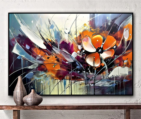 The image depicts a colorful abstract painting with a large orange flower at the center, surrounded by dynamic splashes of various colors and shapes. The artwork is vibrant and full of energy, with bold strokes and a mix of bright and dark tones.