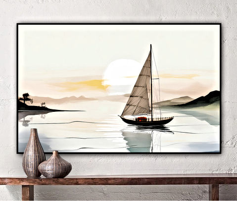 The image displays a digital or painted artwork of a sailboat on calm waters with hills or mountains in the background and a sunset or sunrise sky. The colors are muted, giving the impression of tranquility. There are navigation arrows on either side of the image, suggesting it is part of a slideshow or gallery.