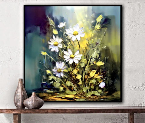 This is a stunning, impressionistic image of a cluster of daisies bathed in warm, golden light. The white petals and bright yellow centers of the flowers contrast beautifully against a rich, textured background of deep greens and blues. The painting style features bold, expressive brushstrokes, giving the piece an energetic and dynamic feel. The interplay of light and shadow creates a luminous effect, making the daisies appear as if they are reaching toward the sunlight. The overall mood of the artwork is serene and uplifting, evoking themes of nature, growth, and vitality.