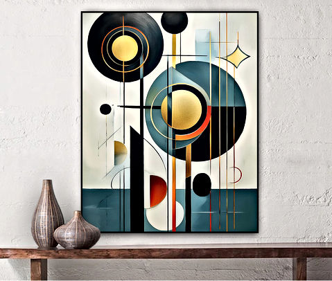 The image is an abstract art piece featuring geometric shapes like circles, semi-circles, lines, and rectangles. The color palette includes black, white, gold, red, blue, and shades of gray. The composition is balanced with a mix of large and small elements, creating a sense of harmony and contrast.