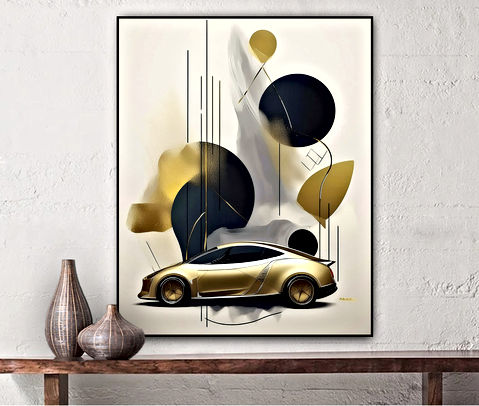 The image shows a golden car with a sleek design positioned at the bottom center. Above the car, there are abstract shapes and lines in various colors such as black, gold, and beige, giving the impression of motion or speed.