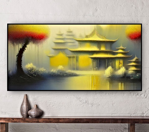 The image shows an artistic representation of an East Asian pagoda-like structure beside a body of water, enveloped in a misty atmosphere. A red and yellow sun is in the upper right corner while an unusual tree is on the left.