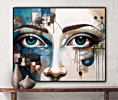 A close-up view of a woman's face, captured in a digital art style. The woman's eyes, a striking feature, are the focal point of the image. They are a vibrant shade of green, contrasting with the lighter skin tone of her face. The eyes are framed by a thin line, adding a sense of depth to the image. The background is a complex tapestry of abstract shapes and colors, creating a sense of depth and dimension. The colors used in the image are predominantly blue, green, and white, with splashes of brown and black adding a touch of contrast.