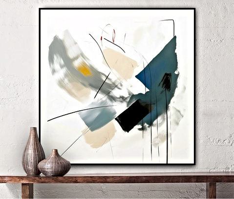 This abstract image features a blend of various shapes and brushstrokes. There are soft-edged forms in shades of black, blue, beige, and a hint of yellow, overlaid with thin, sharp lines in black and red. The composition lacks any discernible figures or objects, making it open to interpretation.