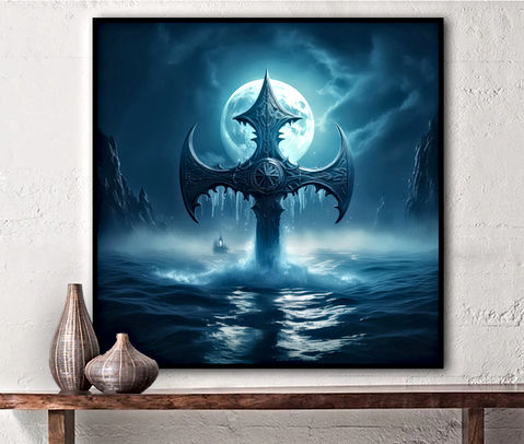 This mesmerizing artwork depicts a colossal, intricately designed cross emerging from the depths of a dark ocean under the glow of a full moon. The structure appears ancient and mystical, adorned with elaborate engravings, evoking a sense of divine power or lost civilization. Jagged cliffs surround the scene, and in the distance, a faint silhouette of a castle or cathedral adds to the mysterious and otherworldly atmosphere. The misty air and deep blue hues create a haunting yet awe-inspiring visual, blending elements of fantasy, mythology, and gothic aesthetics.