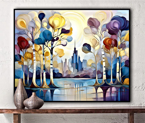 The image displays a colorful, stylized painting of a cityscape with an array of trees in the foreground. The trees have swirling patterns and are depicted in various shades of blue, yellow, purple, and red. In the background, there is a silhouette of a city skyline against a sky with hues of yellow and purple that suggest either dawn or dusk. The reflection of both the trees and buildings can be seen on what appears to be a body of water in front of them. The vibrant colors and whimsical interpretation of nature juxtaposed with urban life create an eye-catching and imaginative scene.
