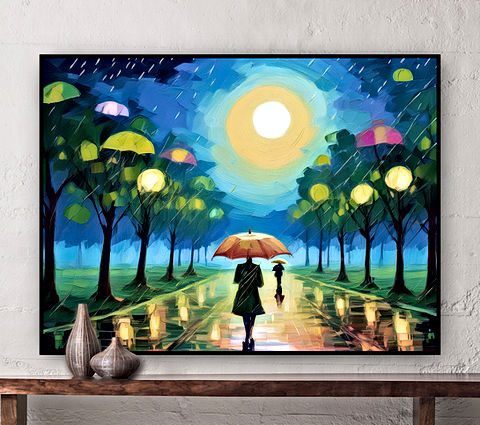 The image showcases a dreamy, impressionistic scene of a rain-soaked pathway illuminated by glowing streetlights under a large full moon. A lone figure walks with a bright orange umbrella, their reflection shimmering in the wet pavement. Another person is seen in the distance, adding depth to the scene. The trees lining the path are adorned with floating lights, some resembling umbrellas, blending into the branches like leaves. The vibrant blues, greens, and yellows create a mesmerizing, almost surreal atmosphere, evoking a sense of mystery,