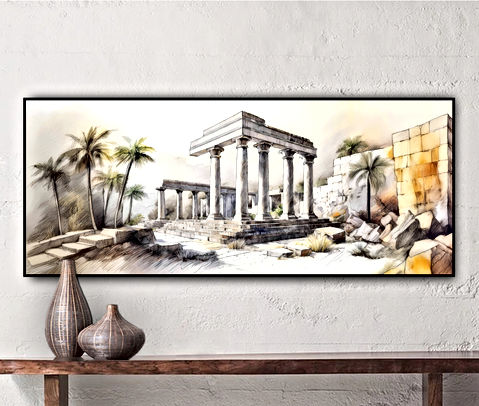 A classical architectural scene. In the foreground, a stone temple with columns stands majestically, weathered and worn and surrounded by palms. The colors used in the image are predominantly earthy tones, with a touch of amber and green, adding depth and contrast to the scene.