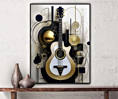This image features a white guitar at the center with a black and gold design around the sound hole. Surrounding the guitar are various geometric shapes and objects in shades of black, gold, and transparent, creating a sense of depth and movement. The overall aesthetic is modern and abstract with a musical theme