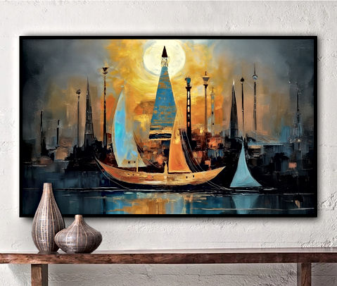 The image depicts a mystical harbor with sailboats blending into a futuristic skyline under a glowing sun or moon. Warm golden tones contrast with deep blues, creating a dreamlike, surreal atmosphere. The central pyramid-like structure adds mystery, while reflections on the water enhance depth and serenity.